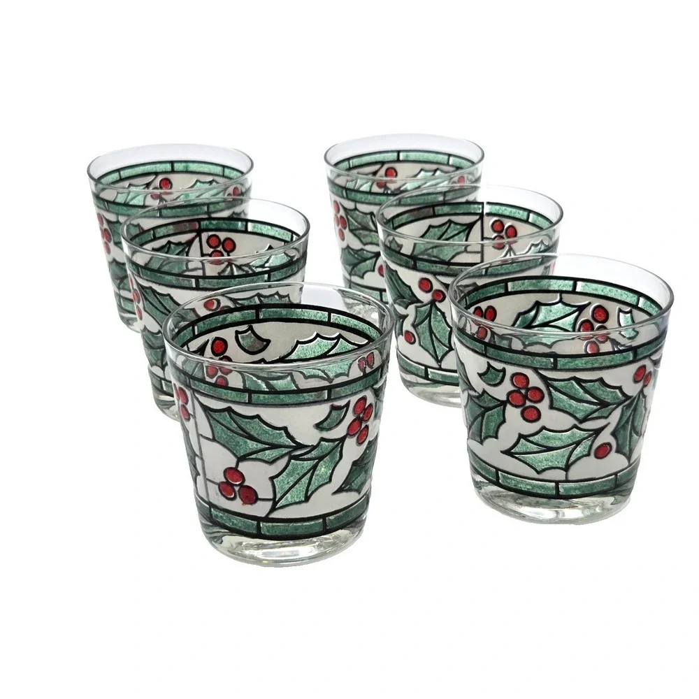 WEST VIRGINIA Snowy Holly & Berry Stained Glass 16oz Lo-Ball Rocks VINTAGE Set 6